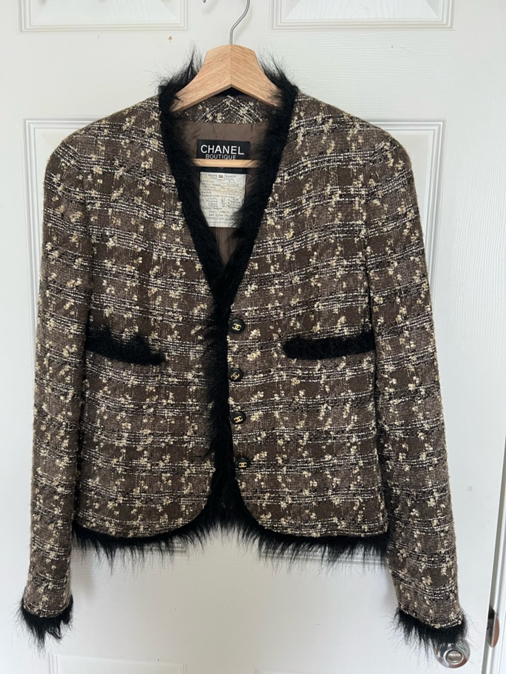 CHANEL Brown & Black Tweed Boutique Jacket with Faux Fur Trim